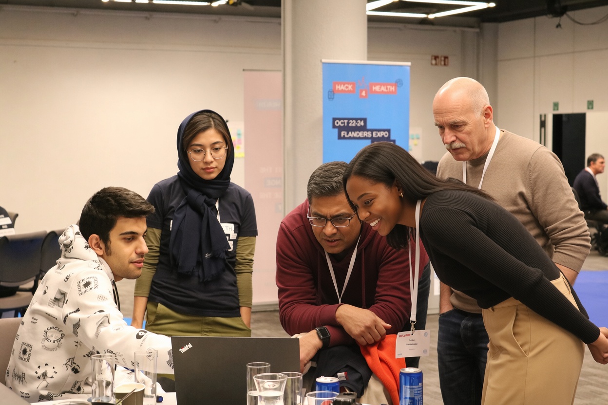 Five people crowded around a laptop at Hack4Health in Flanders Expo, Ghent.
                    Ashkan Pirmani is seated at the left, watching the screen.